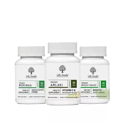 Life Aveda Premium Moringa + Amlaki + Wheat Grass Combo (60 CAPSULES Each)