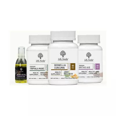 Life Aveda Artho - Aid Oil + Triphala Magic + Boswellia Curcumin + Ortho Aid Combo (60 CAPSULES Each + 100 ML)