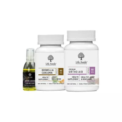 Life Aveda Artho - Aid Oil + Boswellia Curcumin + Ortho Aid Combo (60 CAPSULES Each + 100 ML)