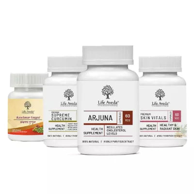 Life Aveda Kanchnaar Guggul + Supreme Curcumin + Arjuna + Skin Vitals Combo (60 CAPSULES Each)