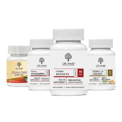 Life Aveda Punarnava Mandur + Ashwagandha + Aveda 64 + Boswellia Curcumin Combo (60 CAPSULES Each)