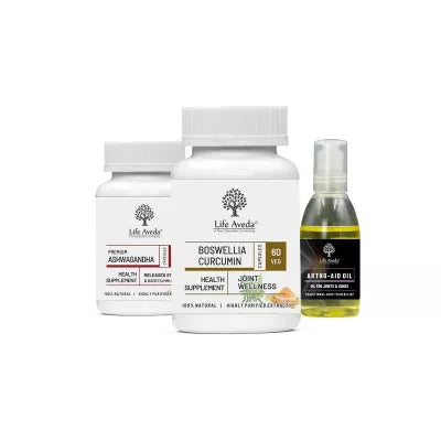 Life Aveda Ashwagandha + Boswellia Curcumin + Artho - Aid Oil Combo (60 CAPSULES Each + 100 ML)