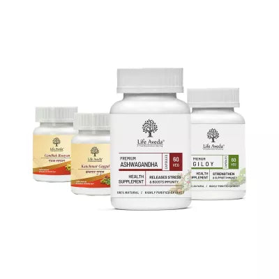 Life Aveda Gandhak Rasayan + Kanchnaar Guggul + Ashwagandha + Giloy Combo (60 CAPSULES Each)