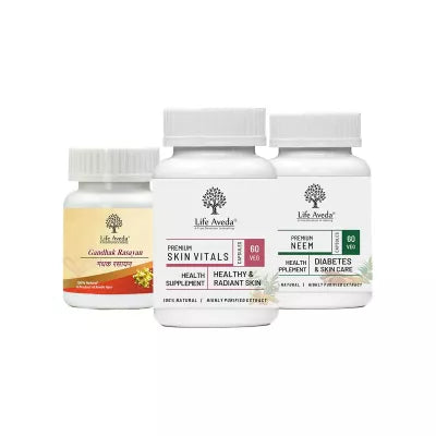 Life Aveda Gandhak Rasayan + Skin Vitals + Neem Combo (60 CAPSULES Each)