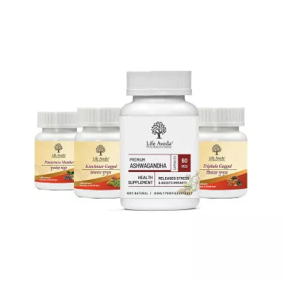 Life Aveda Punarnava Mandur + Kanchnaar Guggul + Ashwagandha + Triphala Guggul Combo (60 CAPSULES Each)