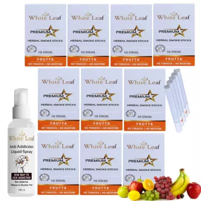 White Leaf Premium Herbal Cigarettes Frutta Flavour + Anti Addiction Liquid Spray (10 Boxes Each 10 Stichs + 100ml) (1Pack)