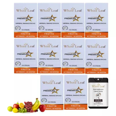 White Leaf Premium Herbal Cigarettes Frutta Flavour + Anti Addiction Liquid Spray (10 Boxes Each 10 Stichs + 20ml) (1Pack)