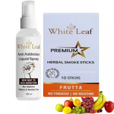 White Leaf Premium Herbal Cigarettes Frutta Flavour + Anti Addiction Liquid Spray (1 Boxes Each 10 Stichs + 100ml) (1Pack)