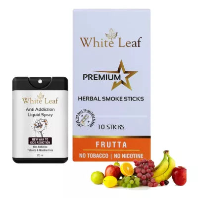 White Leaf Premium Herbal Cigarettes Frutta Flavour + Anti Addiction Liquid Spray (1 Boxes Each 10 Stichs + 20ml) (1Pack)