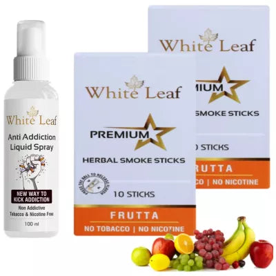 White Leaf Premium Herbal Cigarettes Frutta Flavour + Anti Addiction Liquid Spray (2 Boxes Each 10 Stichs + 100ml) (1Pack)