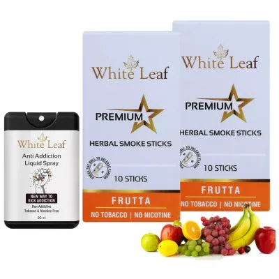 White Leaf Premium Herbal Cigarettes Frutta Flavour + Anti Addiction Liquid Spray (2 Boxes Each 10 Stichs + 20ml) (1Pack)