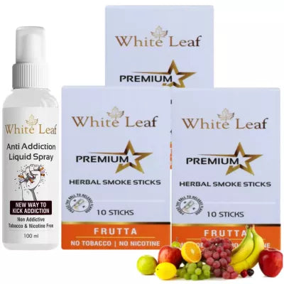 White Leaf Premium Herbal Cigarettes Frutta Flavour + Anti Addiction Liquid Spray (3 Boxes Each 10 Stichs + 100ml) (1Pack)