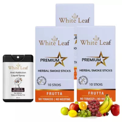 White Leaf Premium Herbal Cigarettes Frutta Flavour + Anti Addiction Liquid Spray (3 Boxes Each 10 Stichs + 20ml) (1Pack)