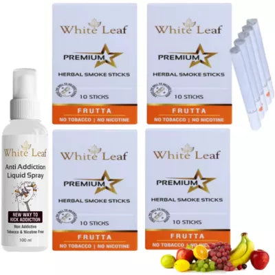 White Leaf Premium Herbal Cigarettes Frutta Flavour + Anti Addiction Liquid Spray (4 Boxes Each 10 Stichs + 100ml) (1Pack)