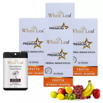 White Leaf Premium Herbal Cigarettes Frutta Flavour + Anti Addiction Liquid Spray (4 Boxes Each 10 Stichs + 20ml) (1Pack)