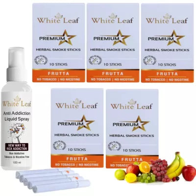 White Leaf Premium Herbal Cigarettes Frutta Flavour + Anti Addiction Liquid Spray (5 Boxes Each 10 Stichs + 100ml) (1Pack)