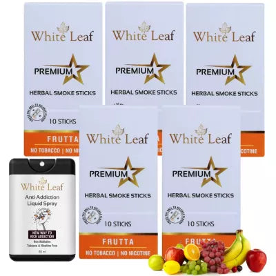 White Leaf Premium Herbal Cigarettes Frutta Flavour + Anti Addiction Liquid Spray (5 Boxes Each 10 Stichs + 20ml) (1Pack)