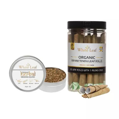 White Leaf Premium Herbal Smoking Blend Mixture + Organic 100 Mm Tendu Leaf Rolles (30gm + 25 pcs) (1Pack)