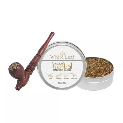 White Leaf Premium Herbal Smoking Blend Mixture + Wooden Antique Pipe (30 Gm + 1 Unit)