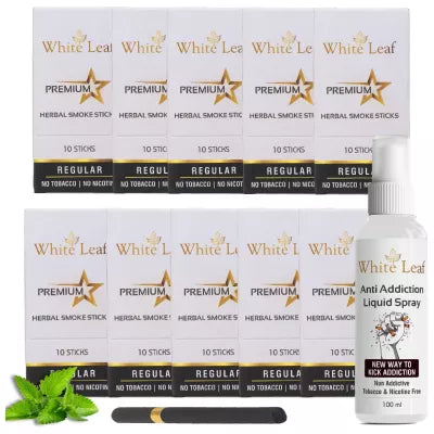 White Leaf Premium Herbal Cigarettes Regular Flavour + Anti Addiction Liquid Spray (10 Boxes Each 10 Stichs + 100ml) (1Pack)