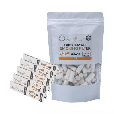 White Leaf Rolling Paper Brown + Frutta Flavored Smoking Filter Classic (Pack Of 5 Each 33 Leaf + 100 Pcs) (1Pack)