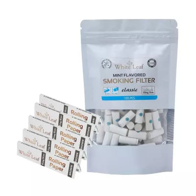 White Leaf Rolling Paper Brown + Mint Flavored Smoking Filter Classic (Pack Of 5 Each 33 Leaf + 100 Pcs) (1Pack)