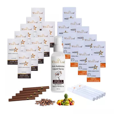 White Leaf Premium Herbal Cigarette Clove And Frutta Flavour + Anti Addiction Liquid Pray (20 Boxes Each 10 Stichs+ 100ml) (1Pack)