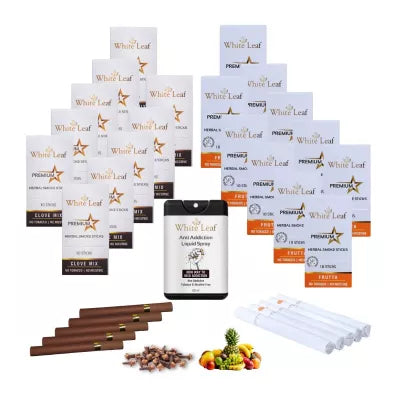 White Leaf Premium Herbal Cigarette Clove And Frutta Flavour + Anti Addiction Liquid Pray (20 Boxes Each 10 Stichs+ 80ml) (1Pack)