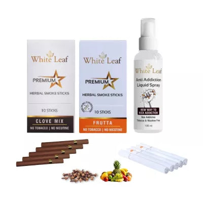 White Leaf Premium Herbal Cigarette Clove And Frutta Flavour + Anti Addiction Liquid Pray (2 Boxes Each 10 Stichs+ 100ml) (1Pack)