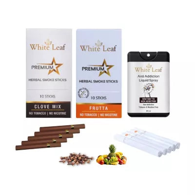 White Leaf Premium Herbal Cigarette Clove And Frutta Flavour + Anti Addiction Liquid Pray (2 Boxes Each 10 Stichs+ 20ml) (1Pack)