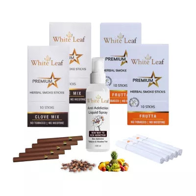 White Leaf Premium Herbal Cigarette Clove And Frutta Flavour + Anti Addiction Liquid Pray (4 Boxes Each 10 Stichs+ 100ml) (1Pack)