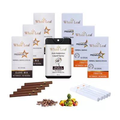 White Leaf Premium Herbal Cigarette Clove And Frutta Flavour + Anti Addiction Liquid Pray (6 Boxes Each 10 Stichs + 20ml) (1Pack)