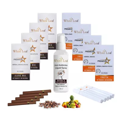 White Leaf Premium Herbal Cigarette Clove And Frutta Flavour + Anti Addiction Liquid Pray (8 Boxes Each 10 Stichs + 100ml) (1Pack)