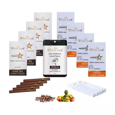 White Leaf Premium Herbal Cigarette Clove And Frutta Flavour + Anti Addiction Liquid Pray (8 Boxes Each 10 Stichs + 20ml) (1Pack)