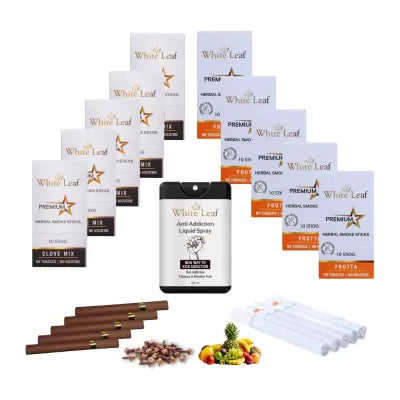 White Leaf Premium Herbal Cigarette Clove And Frutta Flavour + Anti Addiction Liquid Pray (10 Boxes Each 10 Stichs + 20ml) (1Pack)