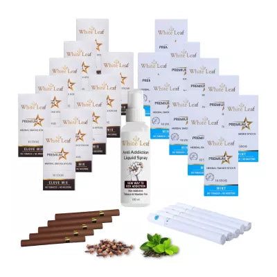 White Leaf Premium Herbal Cigarette Clove And Mint Flavour + Anti Addiction Liquid Pray (20 Boxes Each 10 Stichs + 100ml) (1Pack)