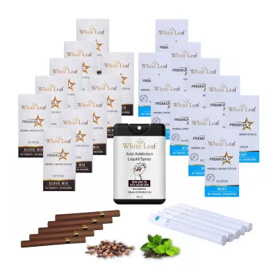 White Leaf Premium Herbal Cigarette Clove And Mint Flavour + Anti Addiction Liquid Pray (20 Boxes Each 10 Stichs + 20ml) (1Pack)