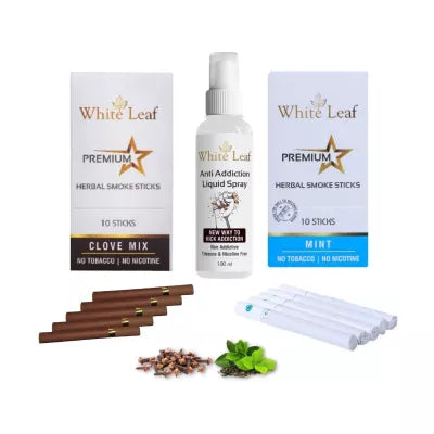 White Leaf Premium Herbal Cigarette Clove And Mint Flavour + Anti Addiction Liquid Pray (2 Boxes Each 10 Stichs + 100ml) (1Pack)