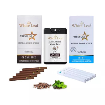 White Leaf Premium Herbal Cigarette Clove And Mint Flavour + Anti Addiction Liquid Pray (2 Boxes Each 10 Stichs + 20ml) (1Pack)