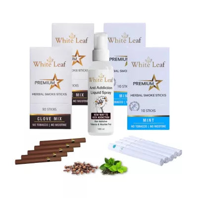 White Leaf Premium Herbal Cigarette Clove And Mint Flavour + Anti Addiction Liquid Pray (4 Boxes Each 10 Stichs + 100ml) (1Pack)