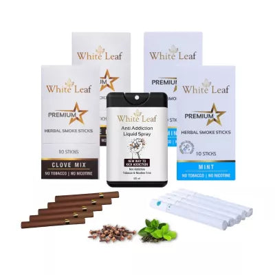 White Leaf Premium Herbal Cigarette Clove And Mint Flavour + Anti Addiction Liquid Pray (4 Boxes Each 10 Stichs + 20ml) (1Pack)