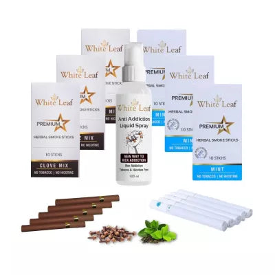 White Leaf Premium Herbal Cigarette Clove And Mint Flavour + Anti Addiction Liquid Pray (6 Boxes Each 10 Stichs + 100ml) (1Pack)