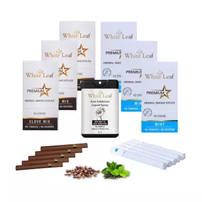 White Leaf Premium Herbal Cigarette Clove And Mint Flavour + Anti Addiction Liquid Pray (6 Boxes Each 10 Stichs + 20ml) (1Pack)