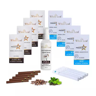 White Leaf Premium Herbal Cigarette Clove And Mint Flavour + Anti Addiction Liquid Pray (8 Boxes Each 10 Stichs + 100ml) (1Pack)