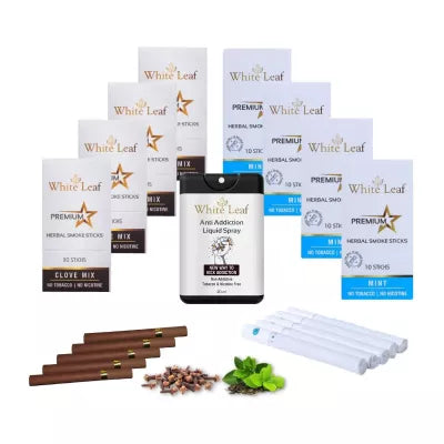 White Leaf Premium Herbal Cigarette Clove And Mint Flavour + Anti Addiction Liquid Pray (8 Boxes Each 10 Stichs + 20ml) (1Pack)