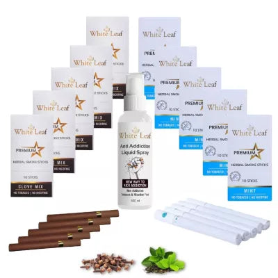 White Leaf Premium Herbal Cigarette Clove And Mint Flavour + Anti Addiction Liquid Pray (10 Boxes Each 10 Stichs + 100ml) (1Pack)