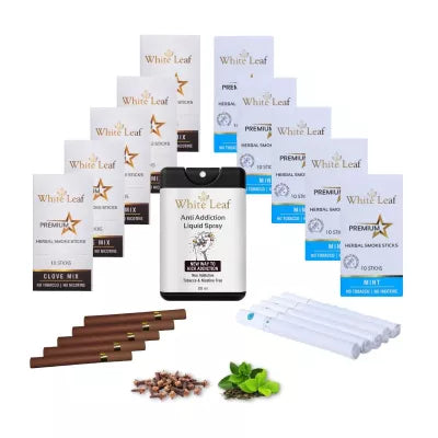 White Leaf Premium Herbal Cigarette Clove And Mint Flavour + Anti Addiction Liquid Pray (10 Boxes Each 10 Stichs + 20ml) (1Pack)