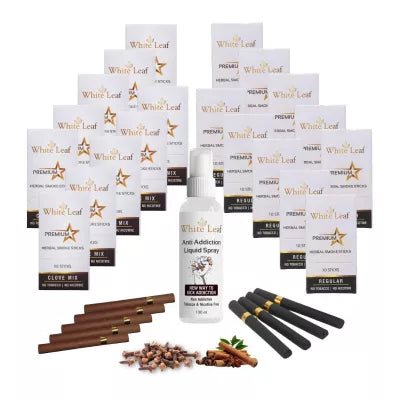 White Leaf Premium Herbal Cigarette Clove And Regular Flavour + Anti Addiction Liquid Pray (20 Boxes Each 10 Stichs + 100ml) (1Pack)