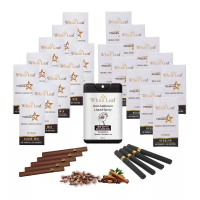 White Leaf Premium Herbal Cigarette Clove And Regular Flavour + Anti Addiction Liquid Pray (20 Boxes Each 10 Stichs + 20ml) (1Pack)