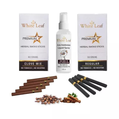 White Leaf Premium Herbal Cigarette Clove And Regular Flavour + Anti Addiction Liquid Pray (2 Boxes Each 10 Stichs + 100ml) (1Pack)